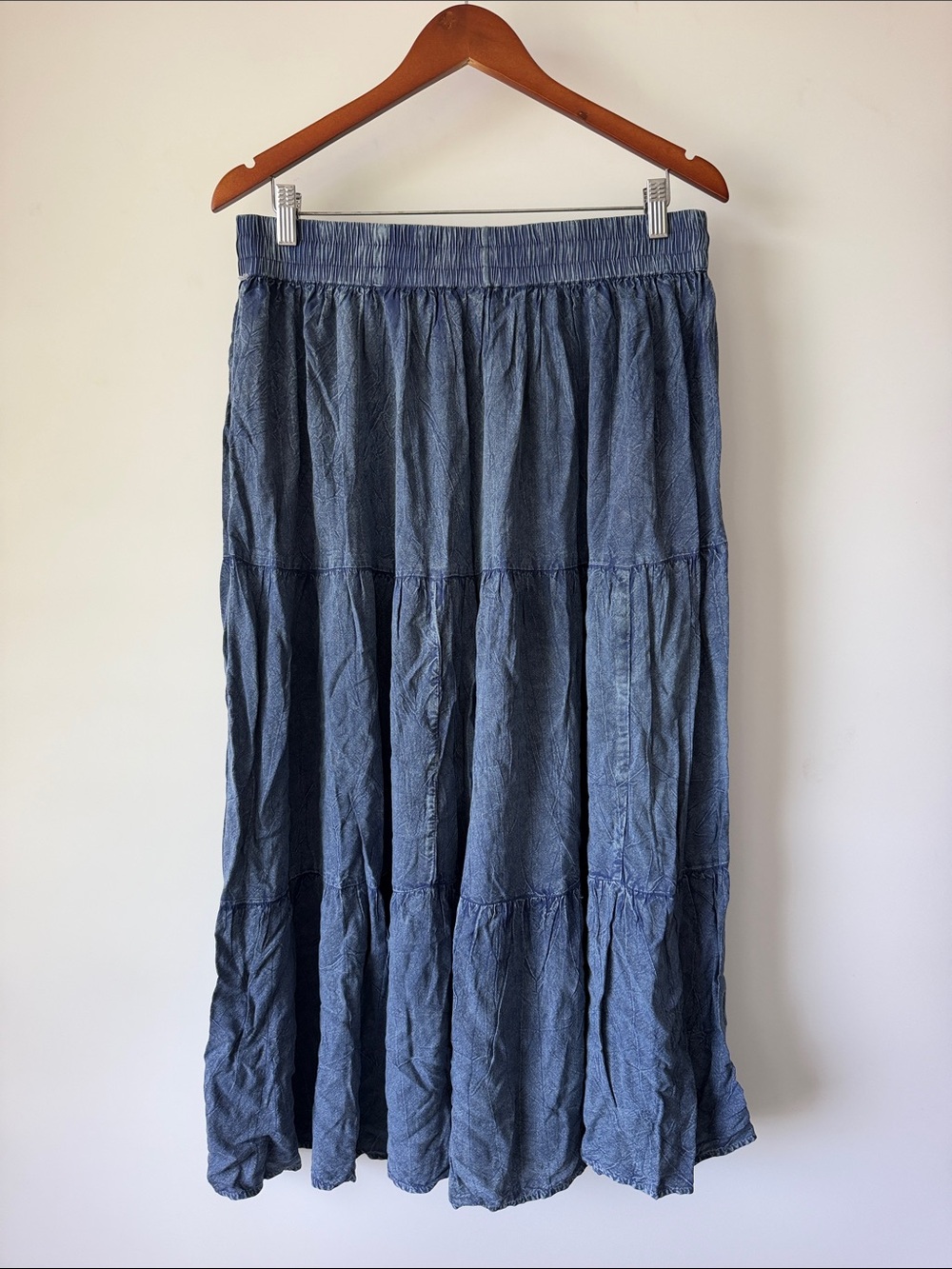 Mlle Gabrielle Blue Denim Look Tiered Midi Skirt Womens Plus Size 1X Drawstring - Picture 4 of 7